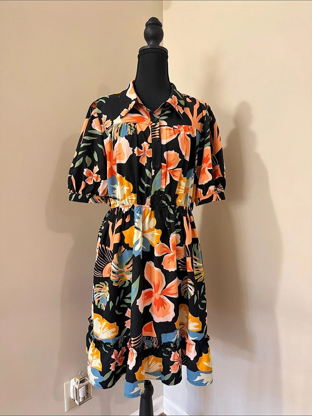 Jodifl Floral Midi Dress Black & Orange Size Large Like New